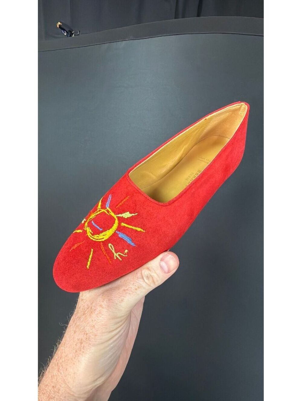 Hermes Red Suede Flat Sun Embroidery Size 37.5